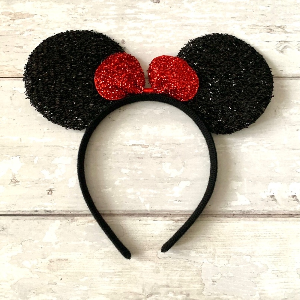 Disney Minnie Mouse Ears Headband Black Red Glitter Sparkle Glitter Bow Design